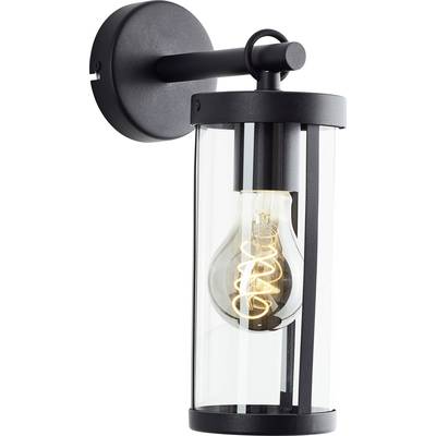 Svart vägglampa med glascylinder visar en synlig glödlampa med lysande, spiralformad glödtråd.