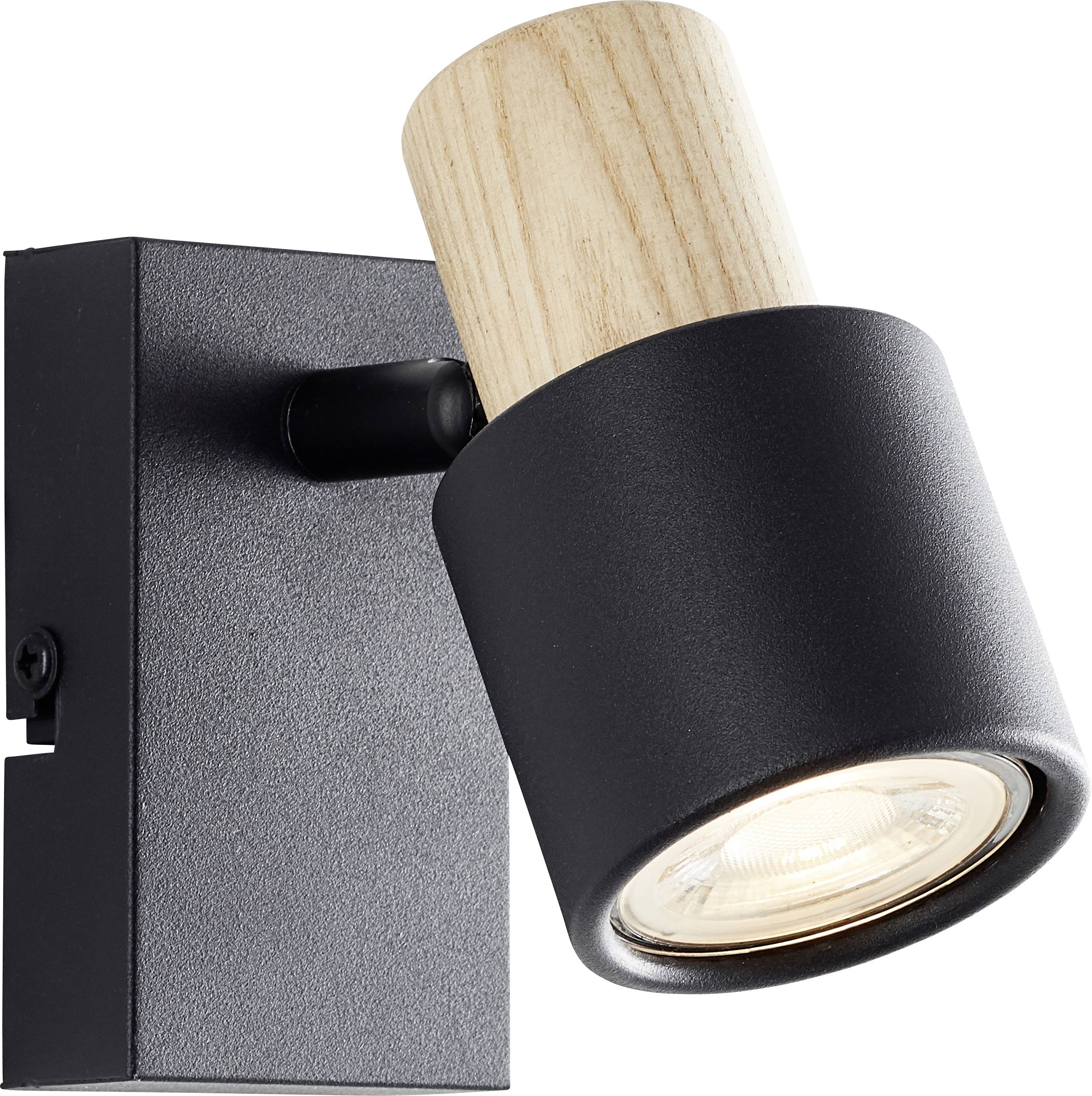 En modern vägglampa med svart hölje och trädetaljer. Lampan kan vridas och lyser nedåt.
