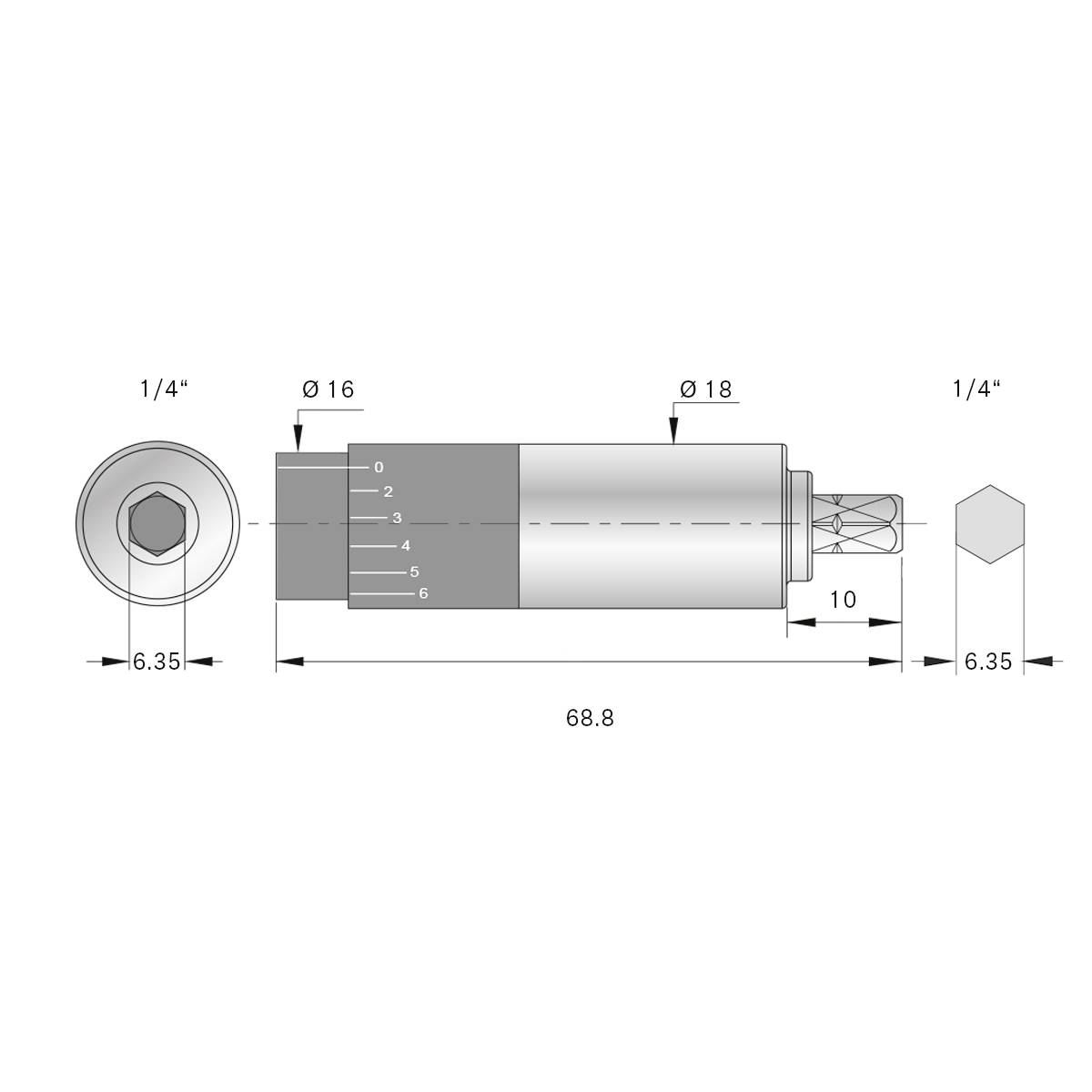 Teknisk ritning av ett cylindriskt objekt med mått: Total längd 68,8, diameter 16-18. Sexkantiga ändar med 6,35 diameter.