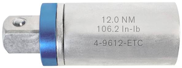 Adapter med kvadratisk kontaktände och blå kant. Gravyr: '12.0 NM, 106.2 In-lb, 4-9612-ETC'. Verktygskomponent för momentinställning.