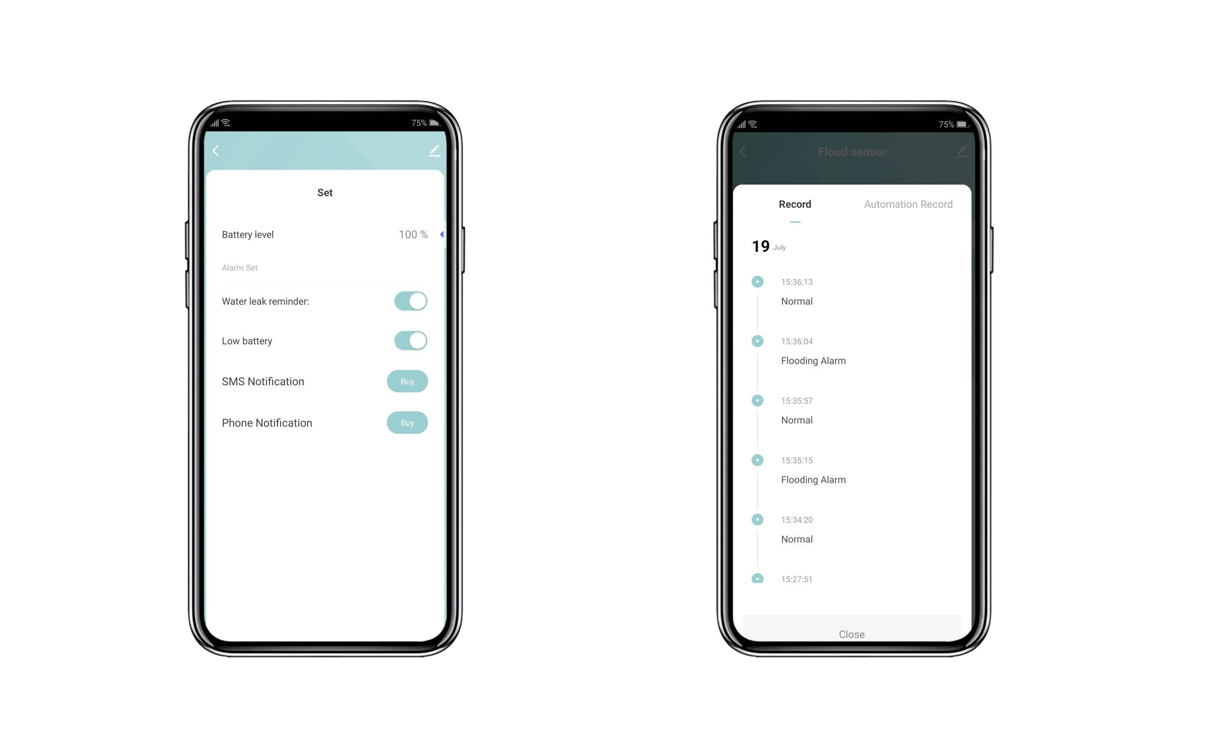 Två smartphones visar en app: Till vänster inställningar för batterinivå, vatten och aviseringar; till höger larmloggar med tidpunkter.