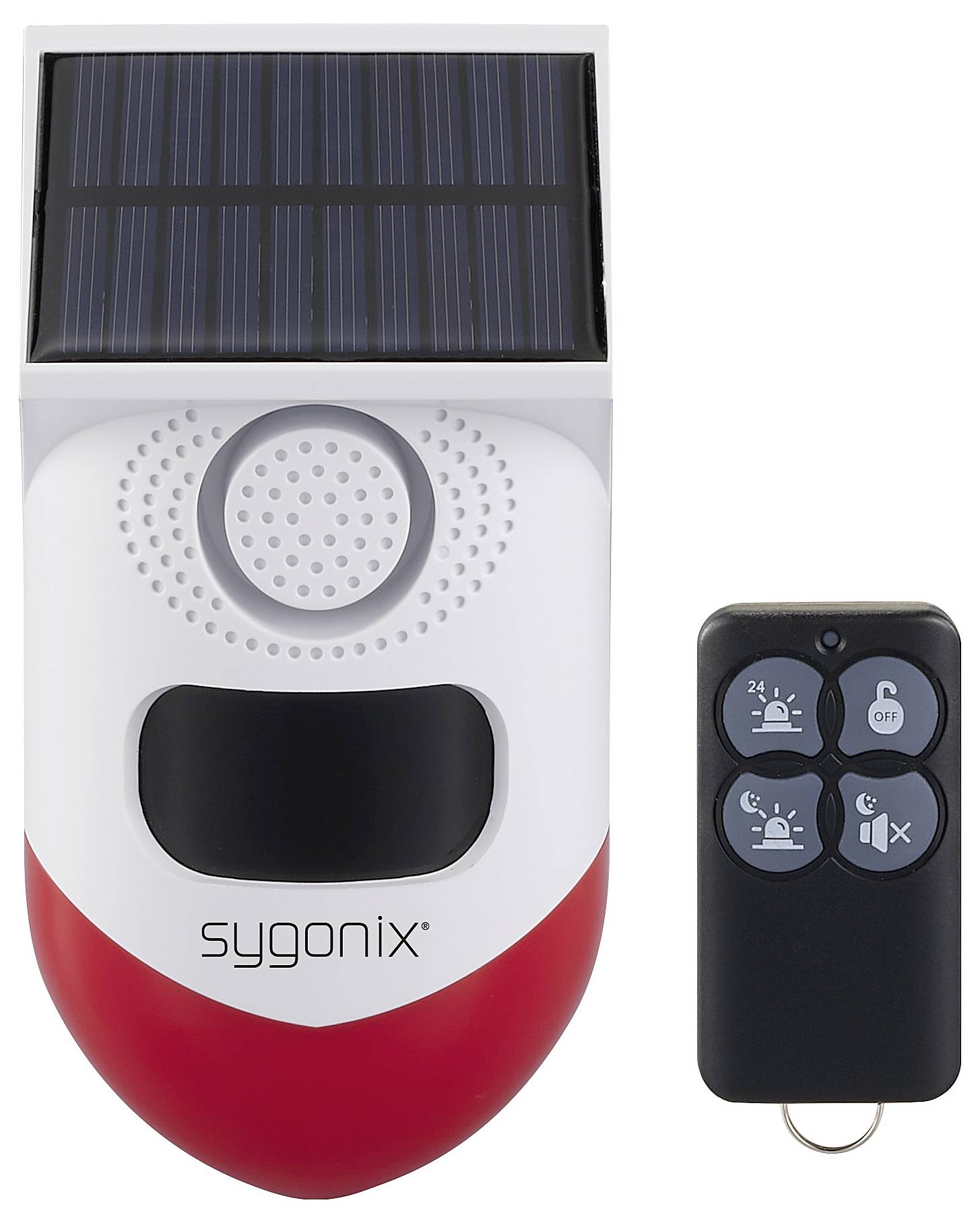 Soldriven siren med fjärrkontroll. Sirenen har ett rött och vitt hölje med solceller ovanpå. Fjärrkontrollen har fyra knappar.