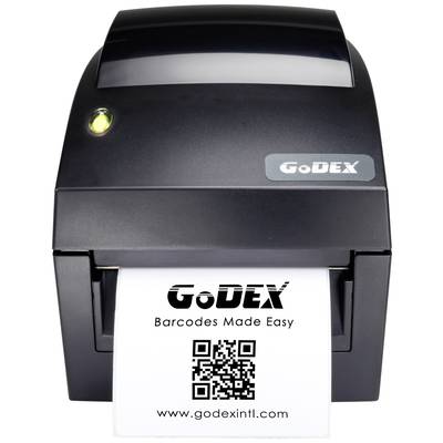 En etikettskrivare skriver ut en vit etikett med texten 'GoDEX Barcodes Made Easy', under det en QR-kod och webbplatsen 'www.godexintl.com'.