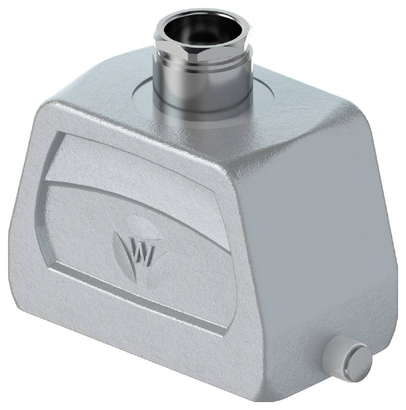 En silveraktig, metallisk komponent med ett cylinderformat uttag överst och ett mindre uttag på sidan.
