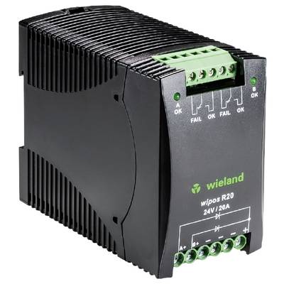 Industriell strömförsörjning: 'wipos R2D', 24V, 20A från Wieland, med gröna klämmor och statusindikationer för fel och OK.
