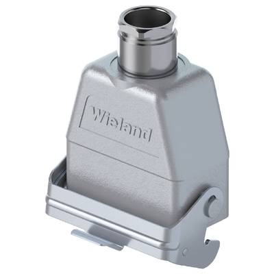 Metallisk industriell kontaktdonskåpa med inskriften 'Wieland', silverfärgad, med fästclips nedtill.