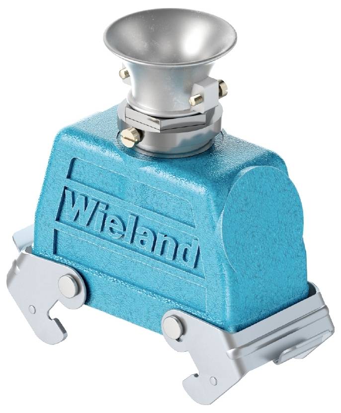Blå kontakthus med silverfärgad trattformad topp och låsmekanismer på sidorna. Märkt med 'Wieland'.