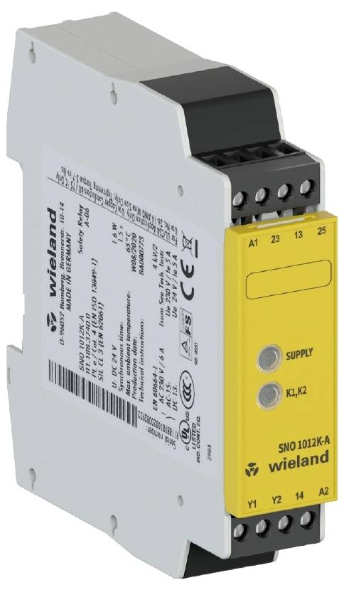 Gult säkerhetsrelämotul med svarta anslutningar och tryckt text. Tillverkare: Wieland Electric, Modell: SNO 1012K-A.