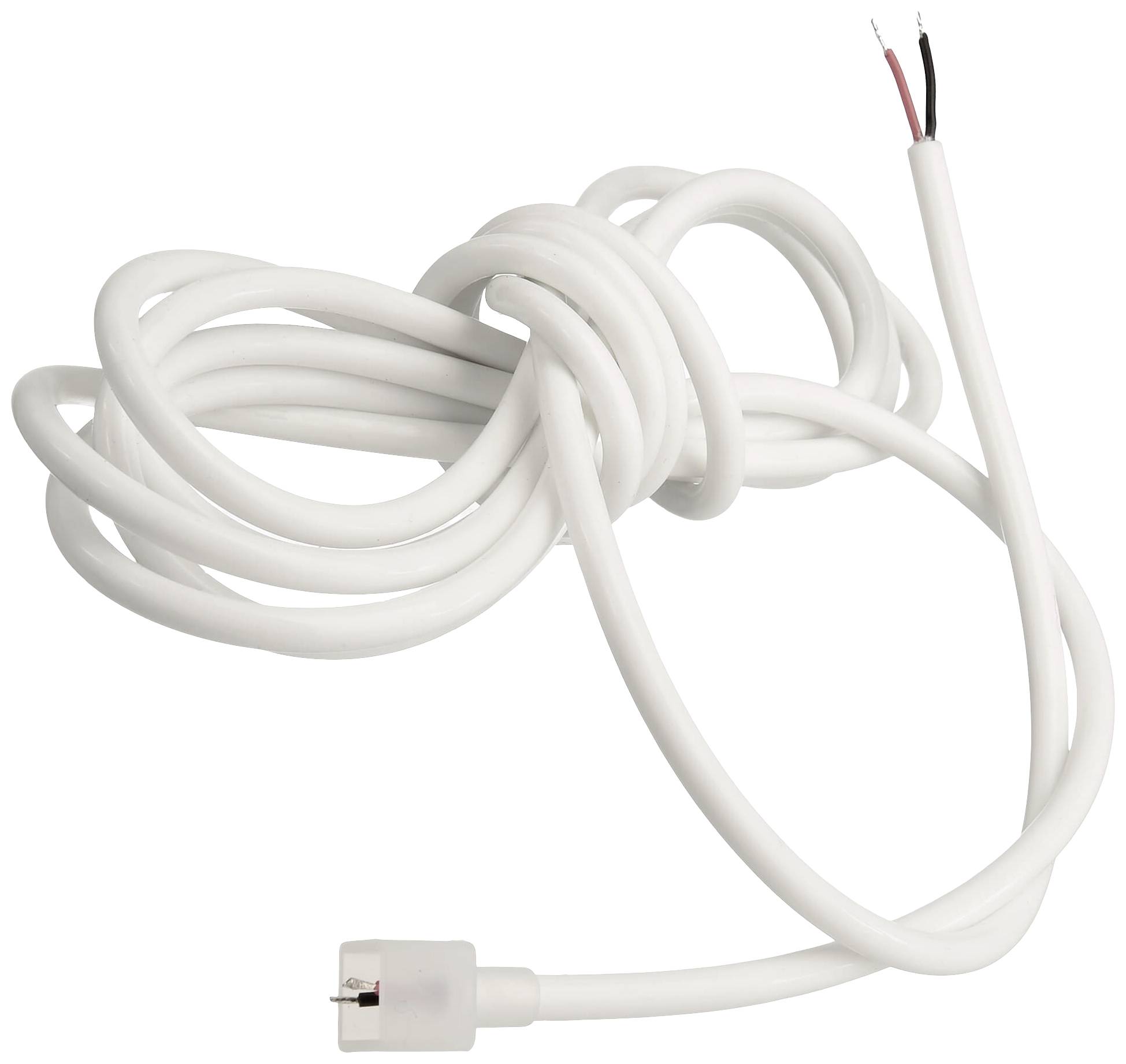 En vit, lång kabel med en kontakt i ena änden och två avklädda trådar i den andra änden. Lämplig för elanslutningar.