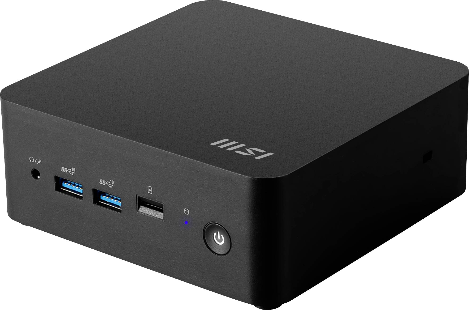 Svart mini-PC med två USB-portar, HDMI-port och nätströmbrytare på framsidan.