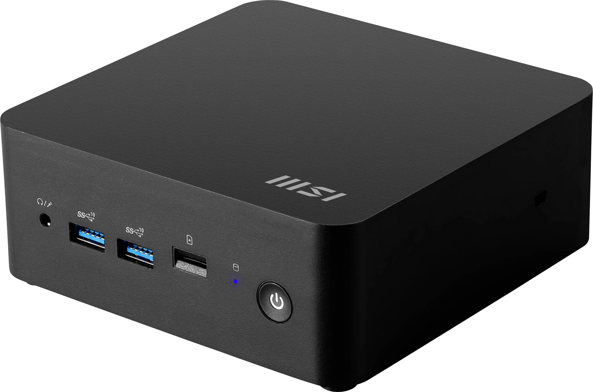 En svart mini-PC med två USB-portar, en USB-C-port och ett hörlursuttag på framsidan; varumärkets logotyp överst.