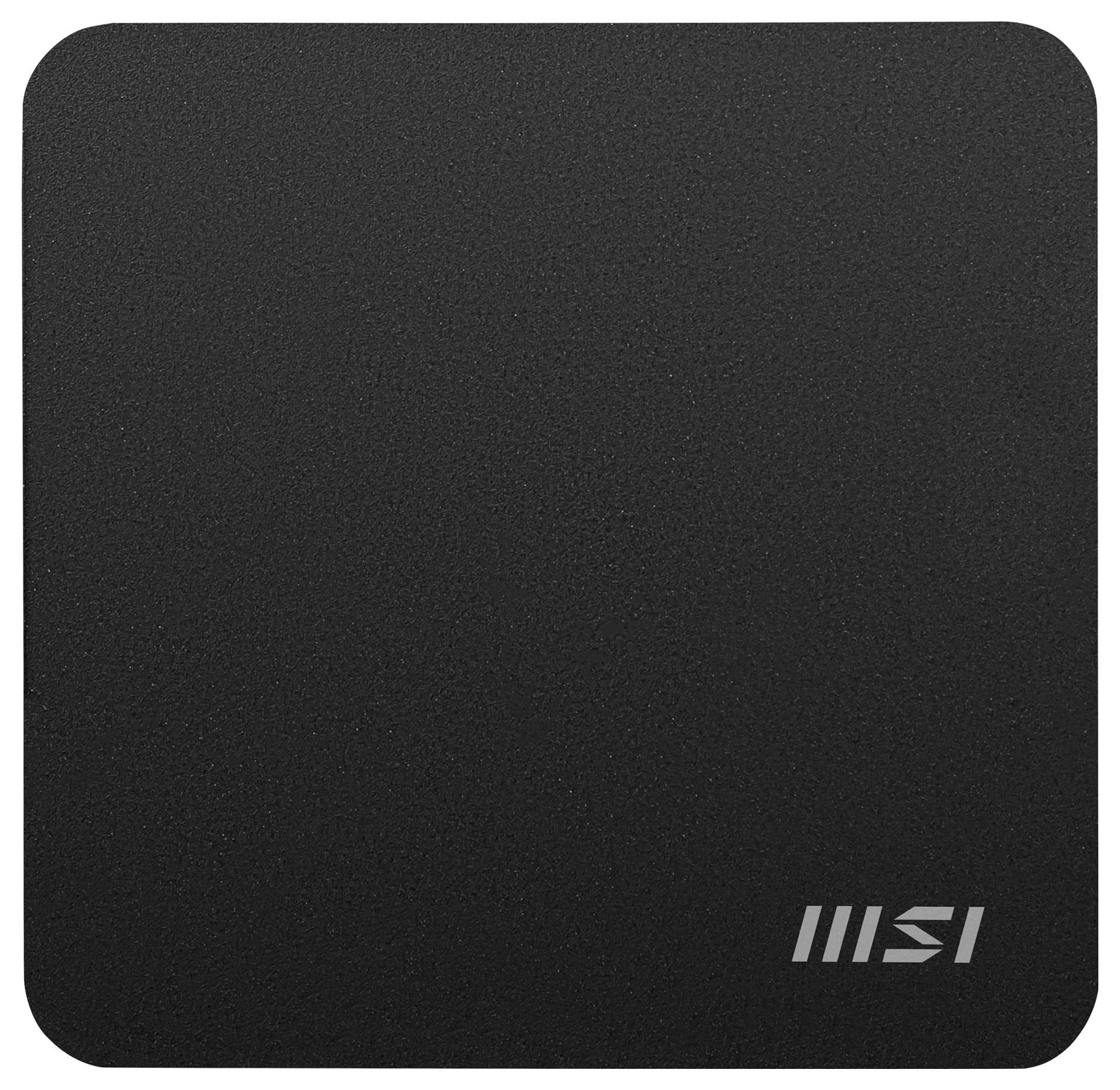 Svart, kvadratiskt musmatta med slät yta och litet MSI-logotyp i ett hörn. Perfekt för exakta musinriktningar.