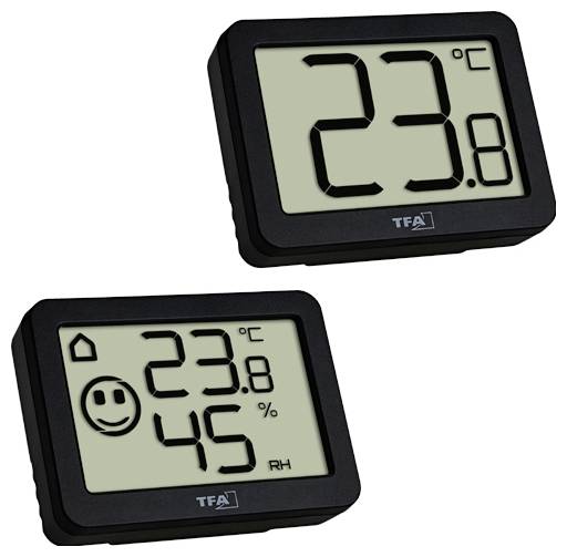 Två digitala termo-hygrometrar visar 23,8°C. Den ena visar dessutom 45% luftfuktighet och ett smiley-ansikte som signalerar komfort.