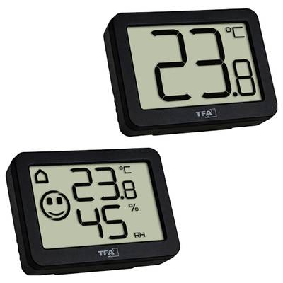 Två digitala termo-hygrometrar visar 23,8°C. Den ena visar dessutom 45% luftfuktighet och ett smiley-ansikte som signalerar komfort.