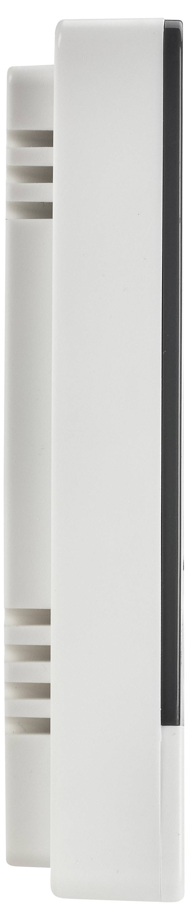En vit, rektangulär elektronisk sensor med ventilationsspår och ett svart element på sidan.