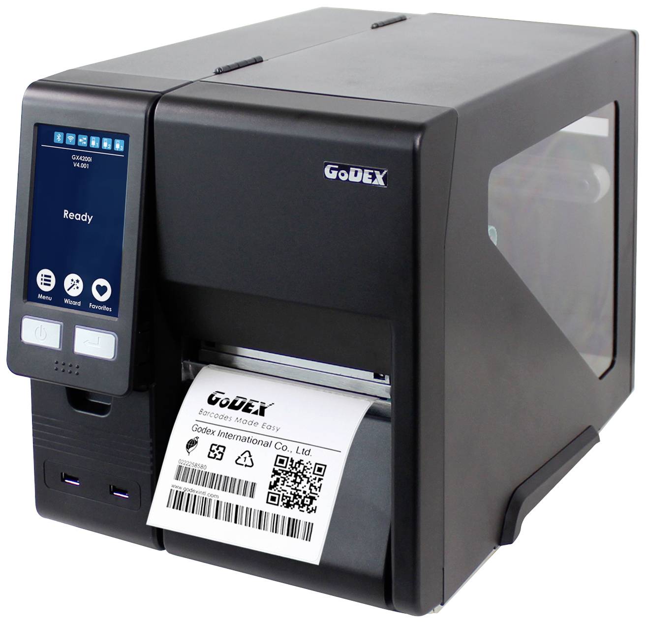 En etikettskrivare skriver ut en etikett med QR-kod och texten 'GoDEX International Co., Ltd.'. Skärmen visar 'Redo'.