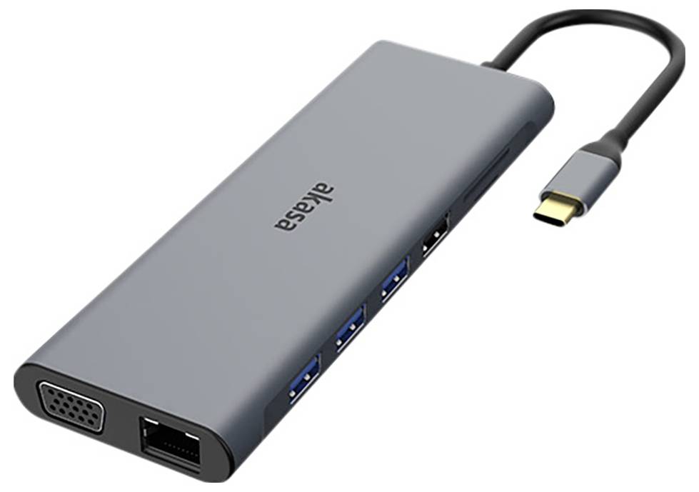En grå USB-C-hubb med flera anslutningar: VGA, Ethernet och tre USB-portar.