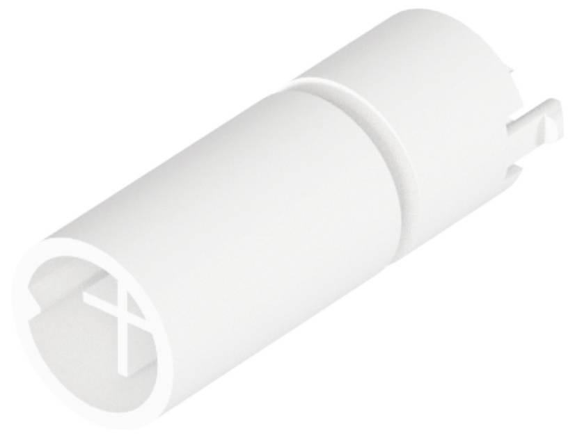 Vit plastisk hylsa med korsformad insats, sannolikt en del av en fäste- eller anslutningskomponent för monteringsändamål.