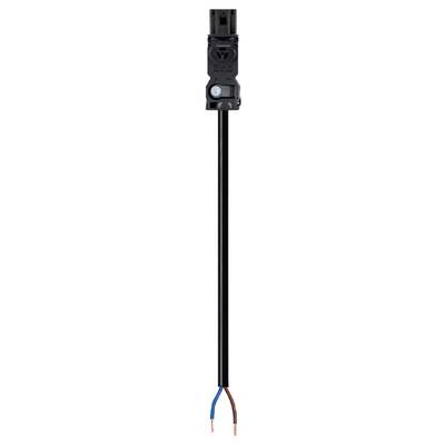 Närbild av en elektrisk sensor med kabelanslutning, bestående av ett svart hölje och en tvåfärgad kabel med blå och bruna ledare.