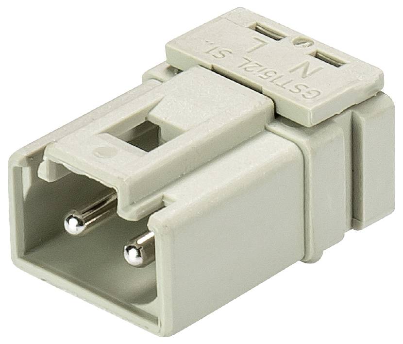 En grå kontakt med två metallstift. Ovansidan märkt med 'L' och 'N' för elektriska anslutningar.