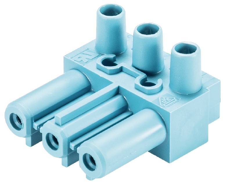 En blå LEGO-Technic-koppling med tre stift och tre axelfästen som möjliggör olika bygganslutningar.