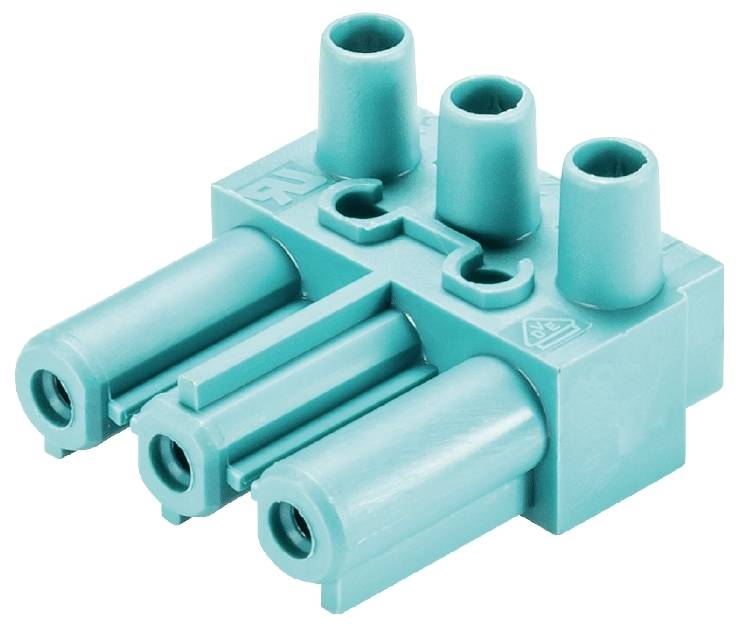 En turkos LEGO Technic-byggnadsbit med tre anslutningspunkter överst och tre sidofästningspunkter.