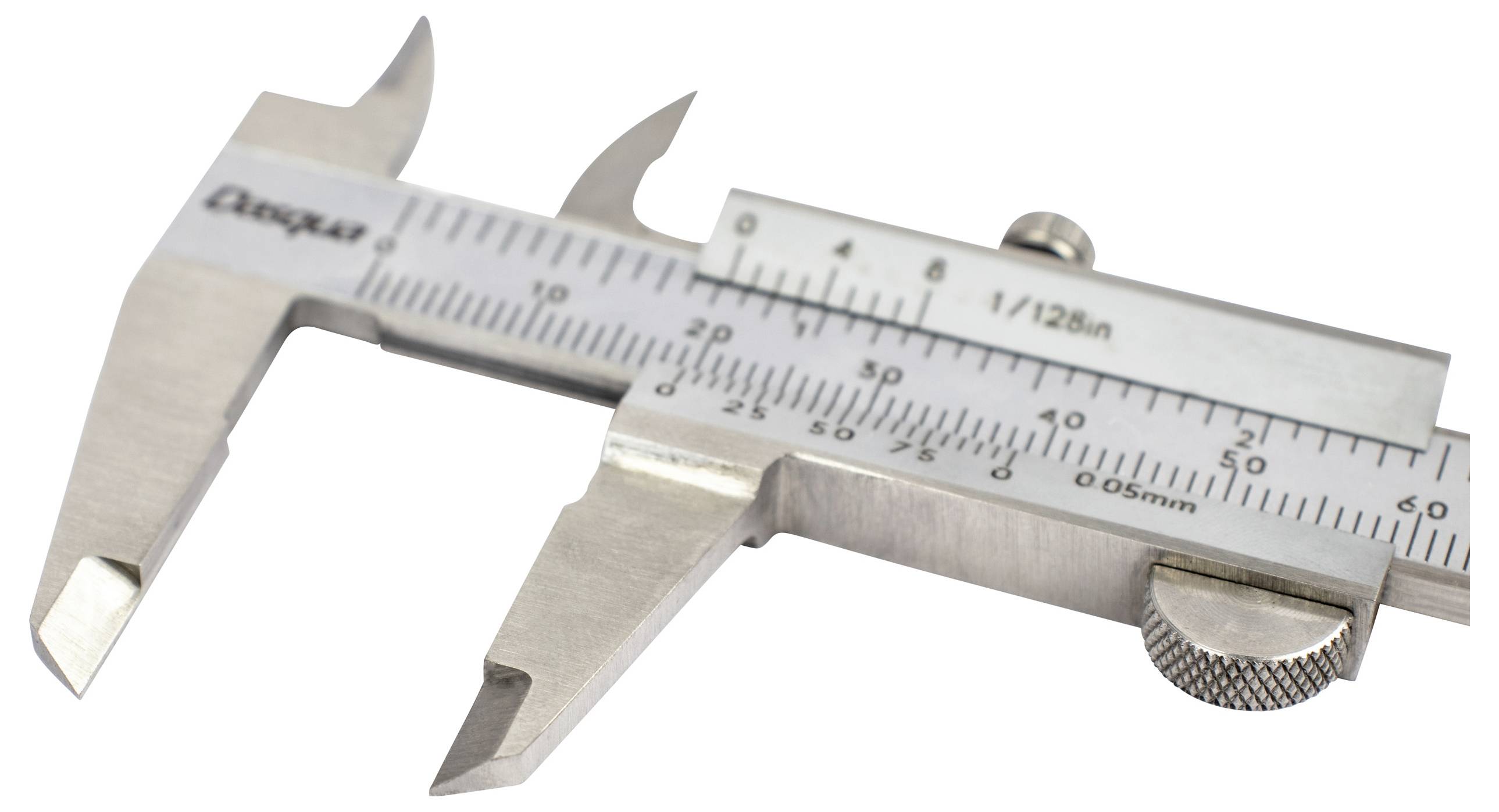 Ett silverfärgat skjutmått visar en måttskala i millimeter och tum för exakt mätning av inner- och yttermått.