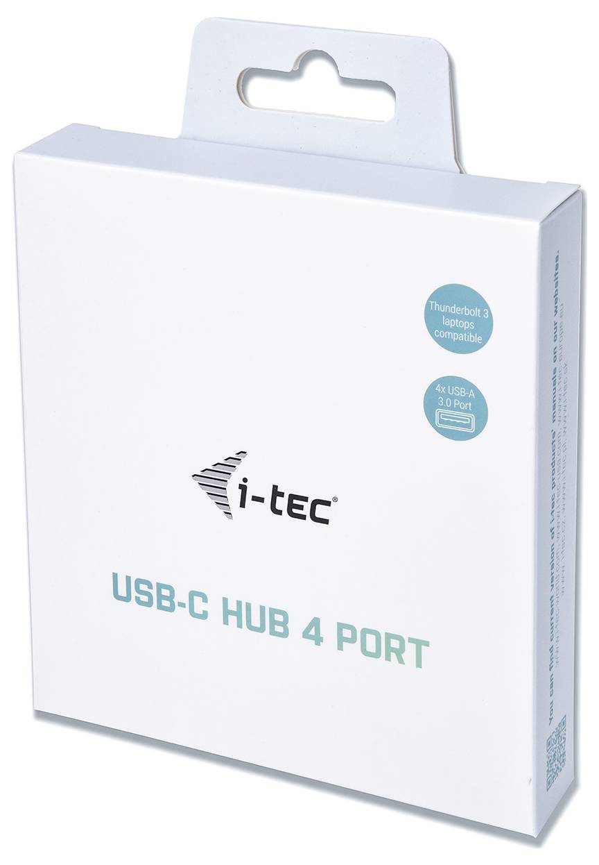 En vit förpackning för en USB-C-hubb med fyra portar från märket i-tec. Den är Thunderbolt 3-kompatibel.