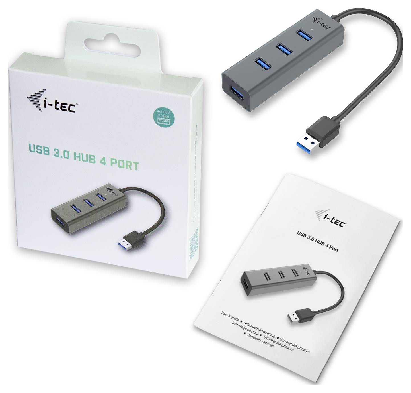 USB 3.0-hubb 4 portar från i-tec: Innehåller en kabelansluten hubb med fyra USB-portar, förpackning och användarhandbok.