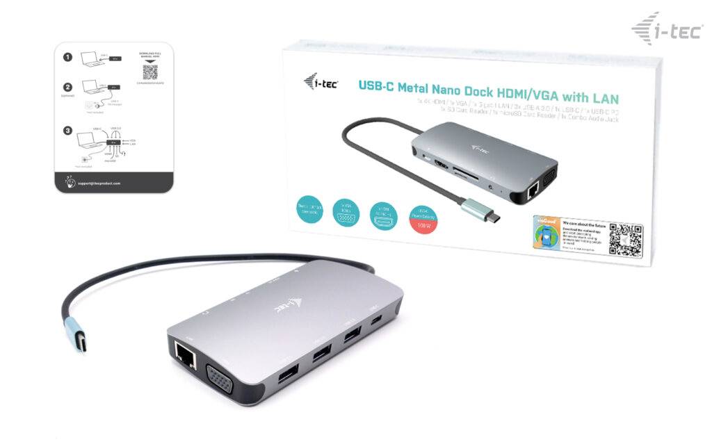 USB-C-dockningsstation med HDMI/VGA- och LAN-anslutning. Förpackningen visar en bild och korta instruktioner för användning av produkten.
