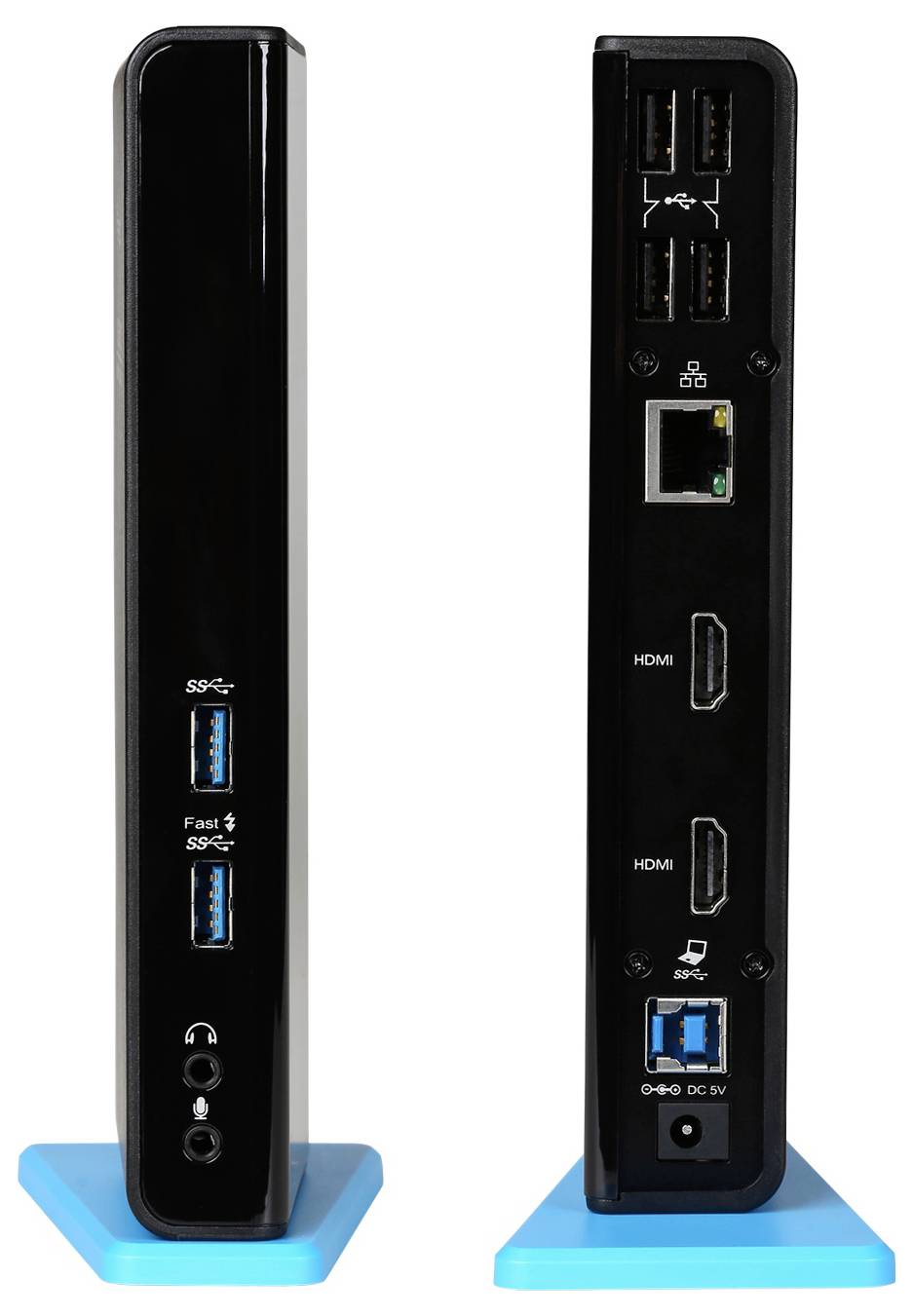 En svart dockningsstation med flera USB-portar, två HDMI-portar, Ethernet-port och hörtelefoningång placerad på ett blått stativ.