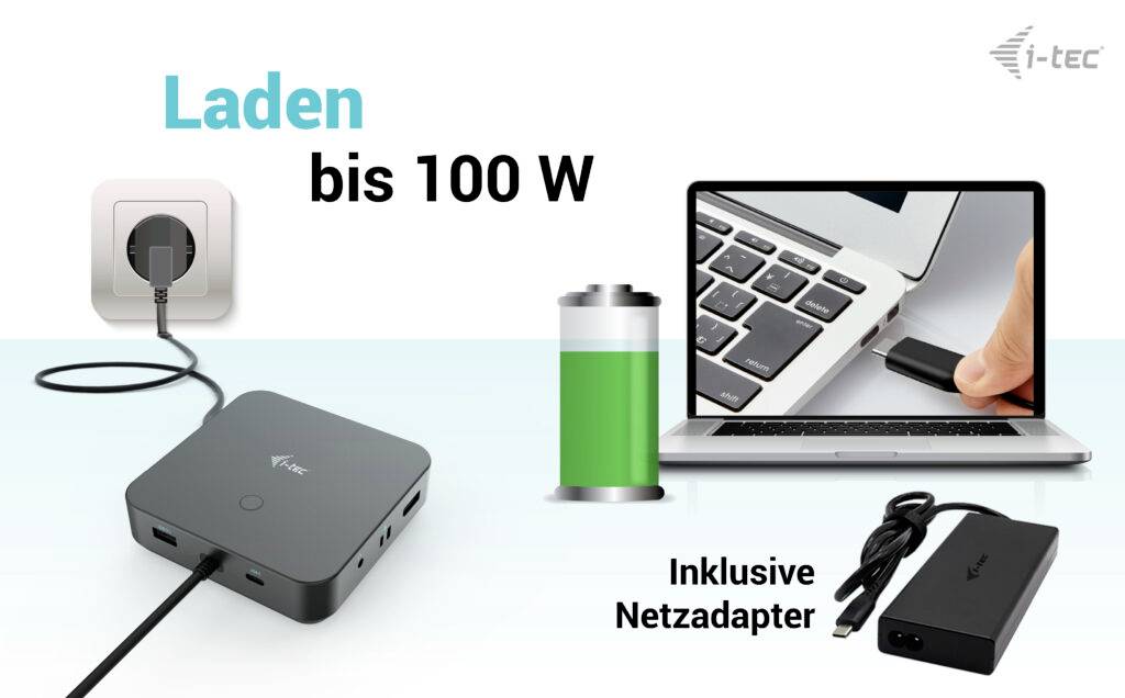 Laptop laddas med i-tec laddare, ansluten till ett vägguttag. Text: Laddning upp till 100 W, inklusive nätadapter.