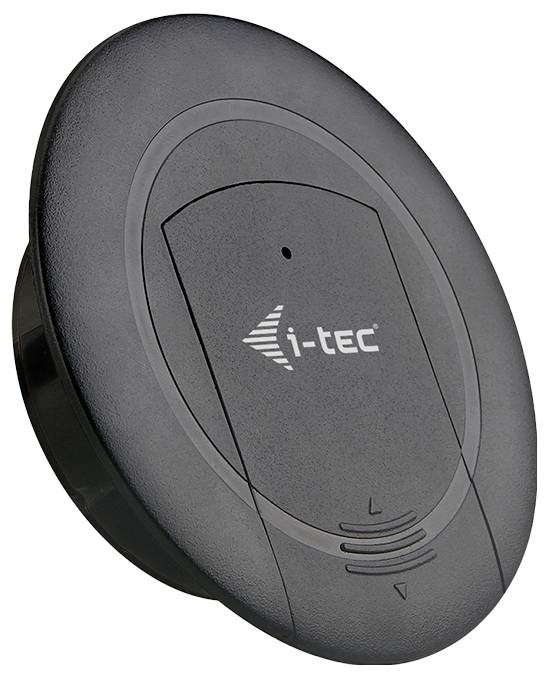 En svart, oval elektronisk enhet med logotypen 'i-tec' i mitten. Det verkar vara en laddnings- eller kommunikationsenhet.