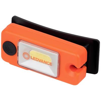 En orange LED-lampa med svart clip, märkt med 'LEDVANCE'. Lämplig att fästa på kläder eller utrustning.
