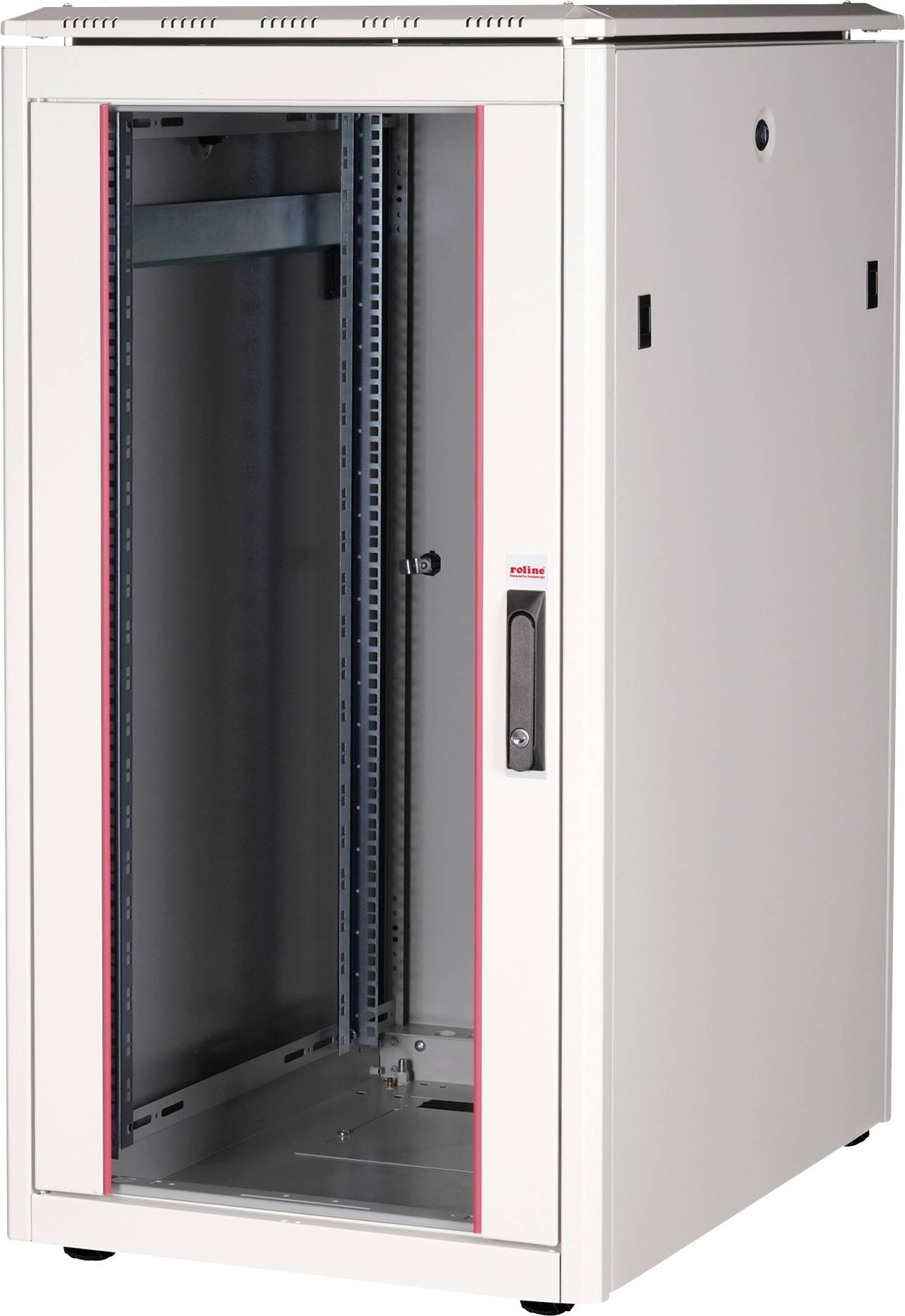 Ett öppet, tomt serverrack av metall med dörr, lämpligt för förvaring av IT-utrustning och för att tillhandahålla kylning och skydd.