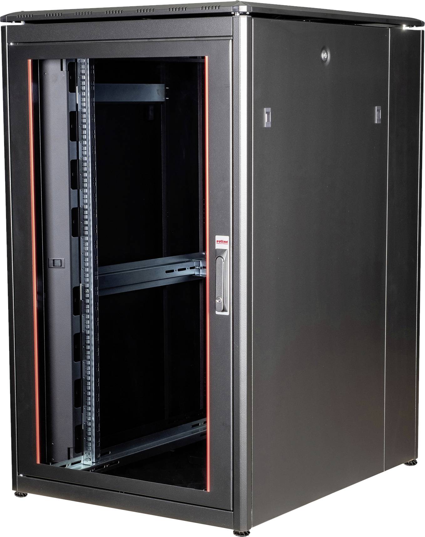 Svart serverrack med glasdörr, tomt, med röda detaljer och stängd säkerhetshandtag, lämpligt för IT-utrustning.