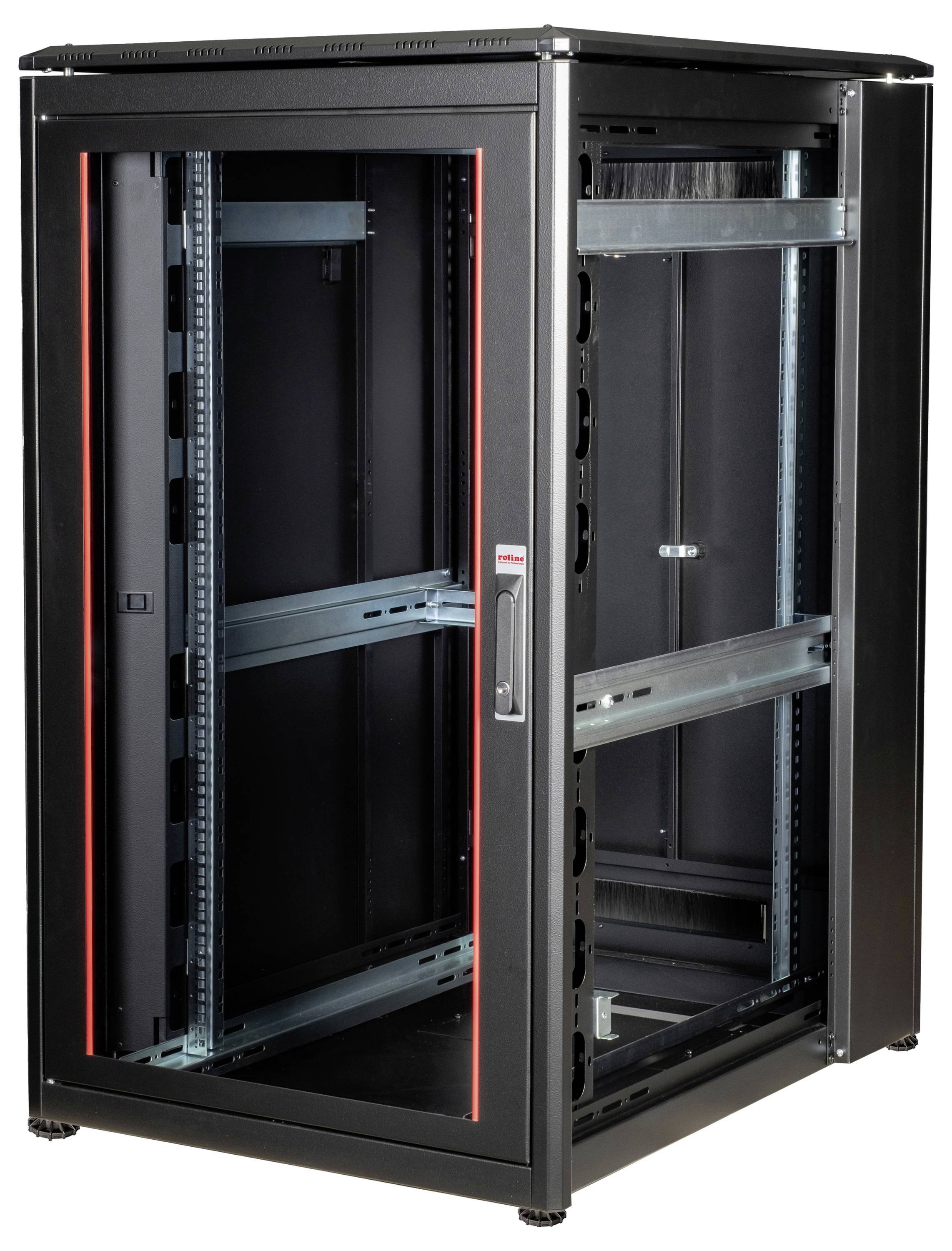 Svart serverrack med glasdörr och röd kant. Det är tomt och visar skenorna för montering av elektroniska enheter.
