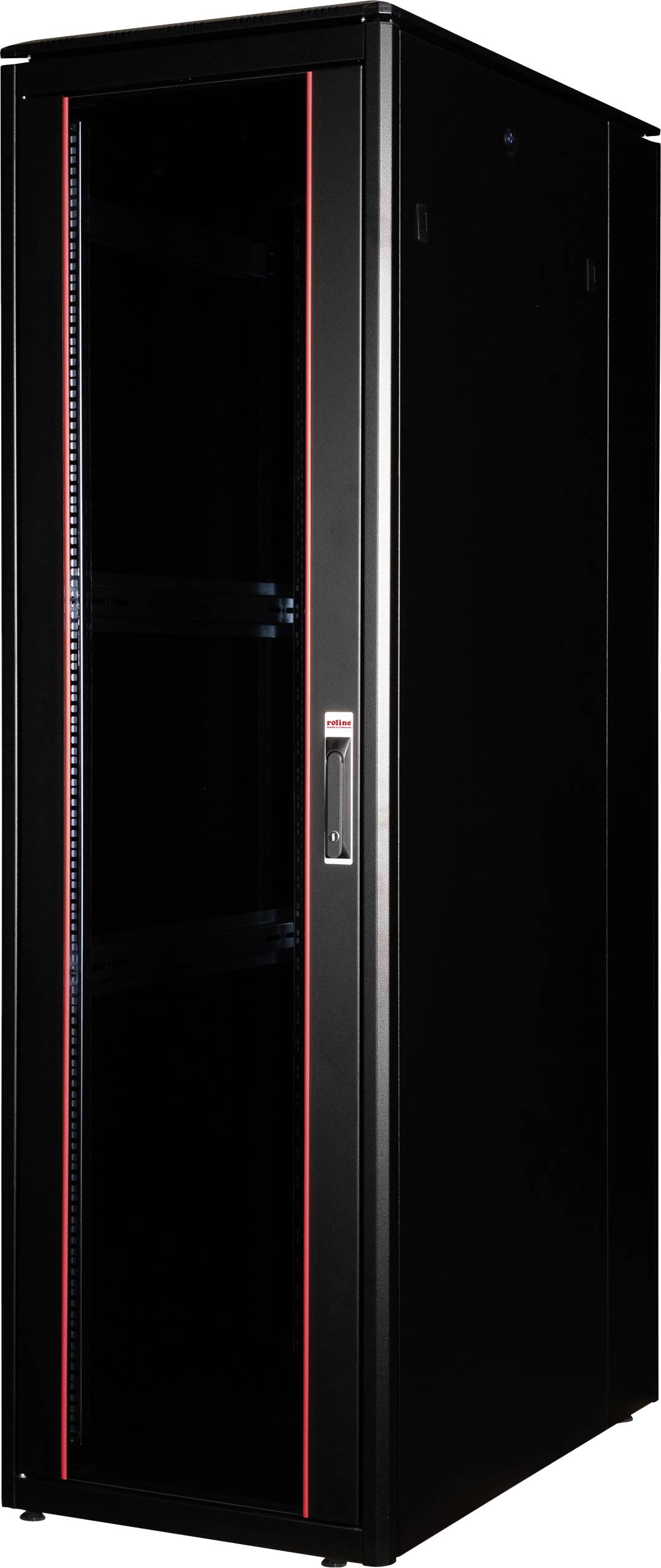 Ett svart serverrack med glasdörr, lämpligt för förvaring av nätverksutrustning.