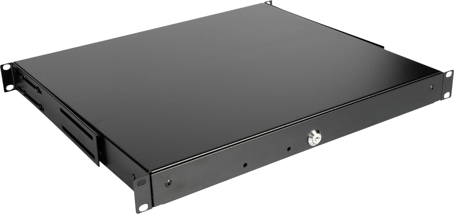 Metallådra i 19-tumsstorlek för rack, försedd med ett låsbart lås på framsidan, lämplig för tekniska enheter.