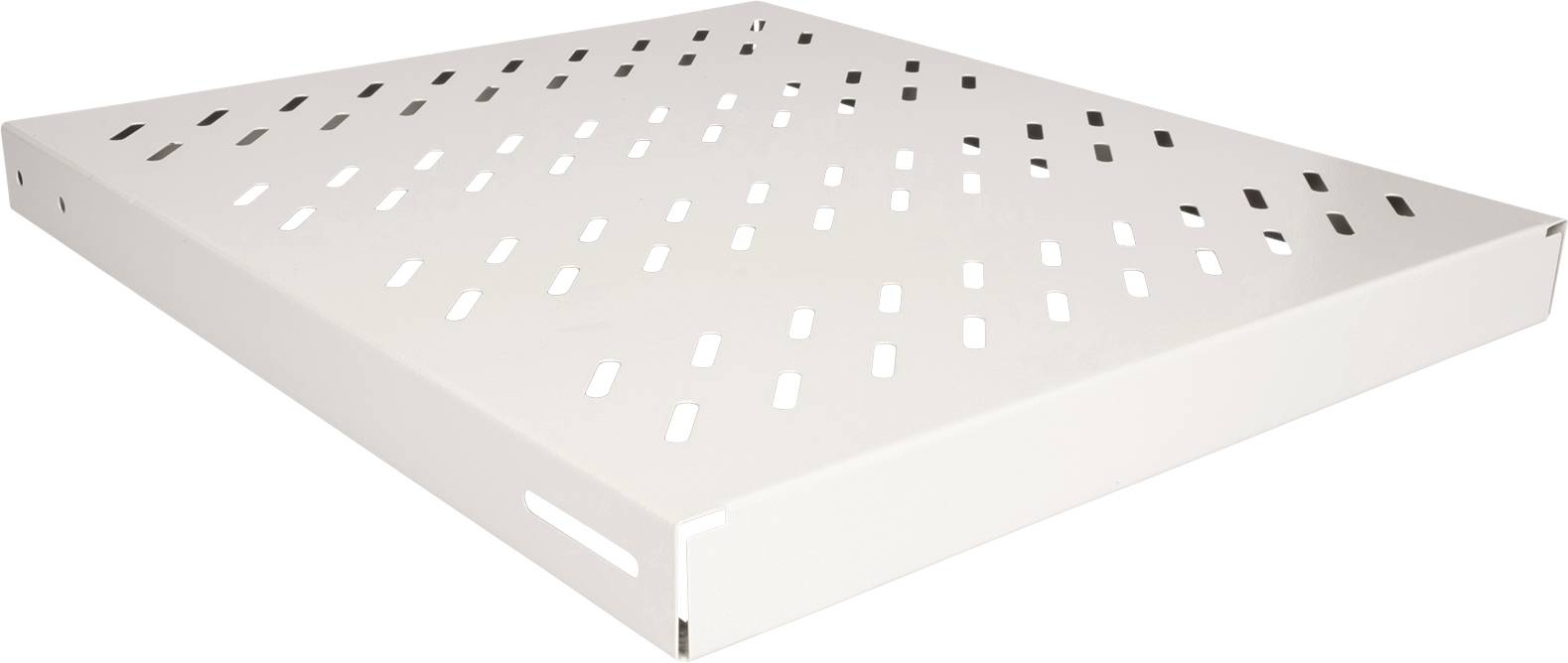 Ett vitt, perforerat ventilationsbleck med rektangulära öppningar, snett fotograferat från sidan. Lämpligt för ventilationsändamål.