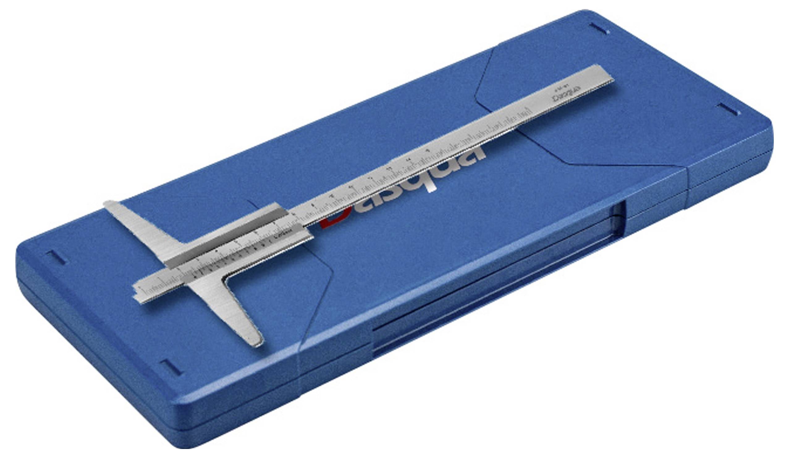 Skjutmått på blått fodral. Precisionsverktyg för längdmätning, vanligt förekommande inom teknik och metallbearbetning.