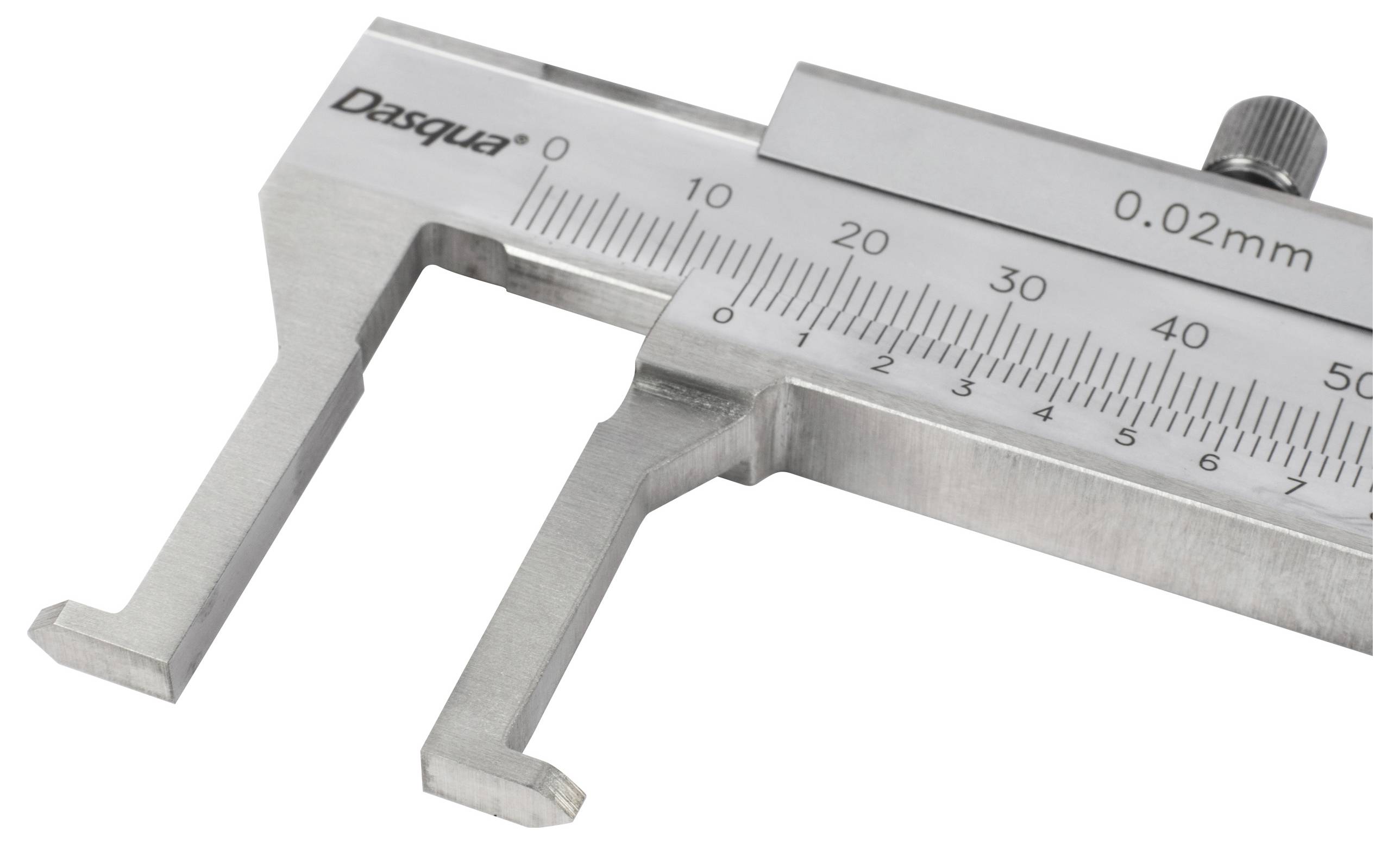 En metallmätsticka med skala i millimeter och en mindre justerbar nonius för preciserade mätningar ner till 0,02 mm.