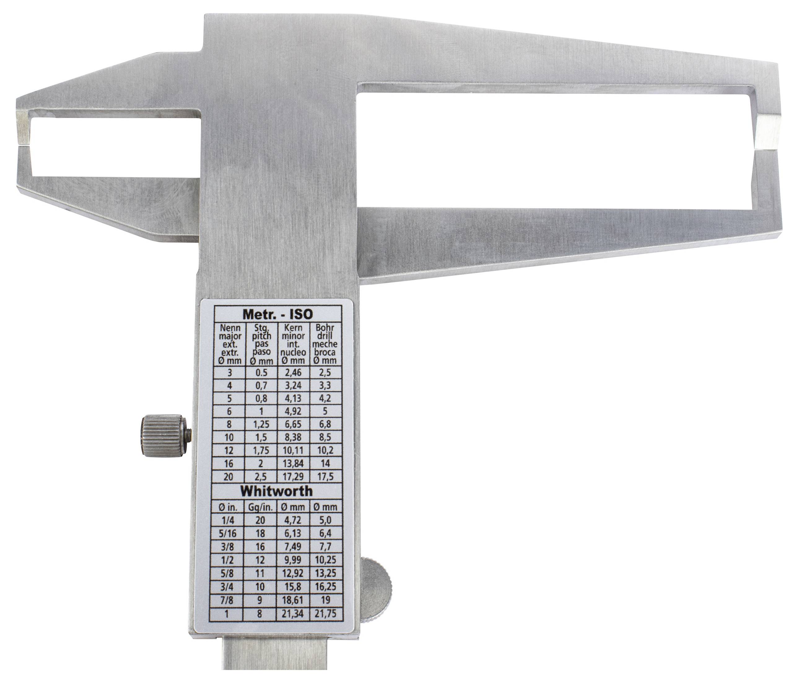 Ett metallmätverktyg med en tabell som visar metriska och ISO- samt Whitworth-gängstorlekars dimensioner. Användbart för preciserade mätningar.