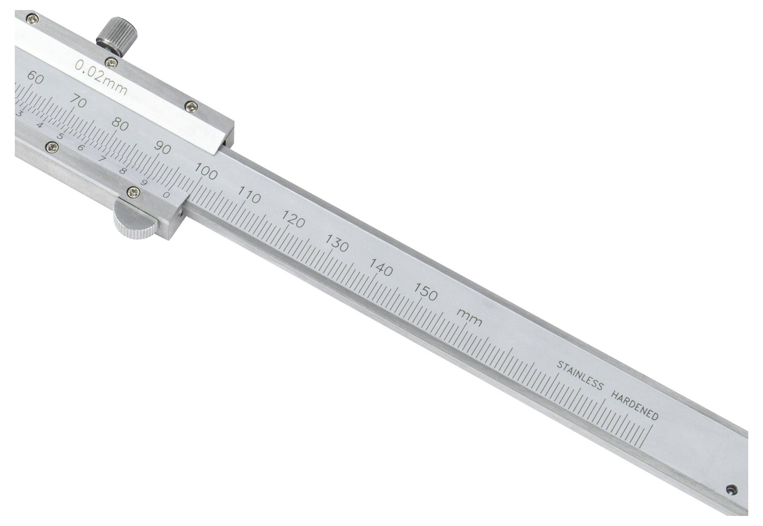 Närbild av ett skjutmått i rostfritt stål med millimeterskala, visar avläsning på ungefär 120 mm.