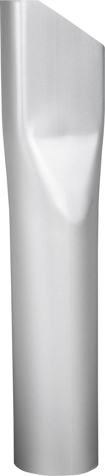 Ett silveraktigt metallrör med lutande avslutning överst, som är slät och reflekterande. Det påminner om ett smalt, vertikalt rör.