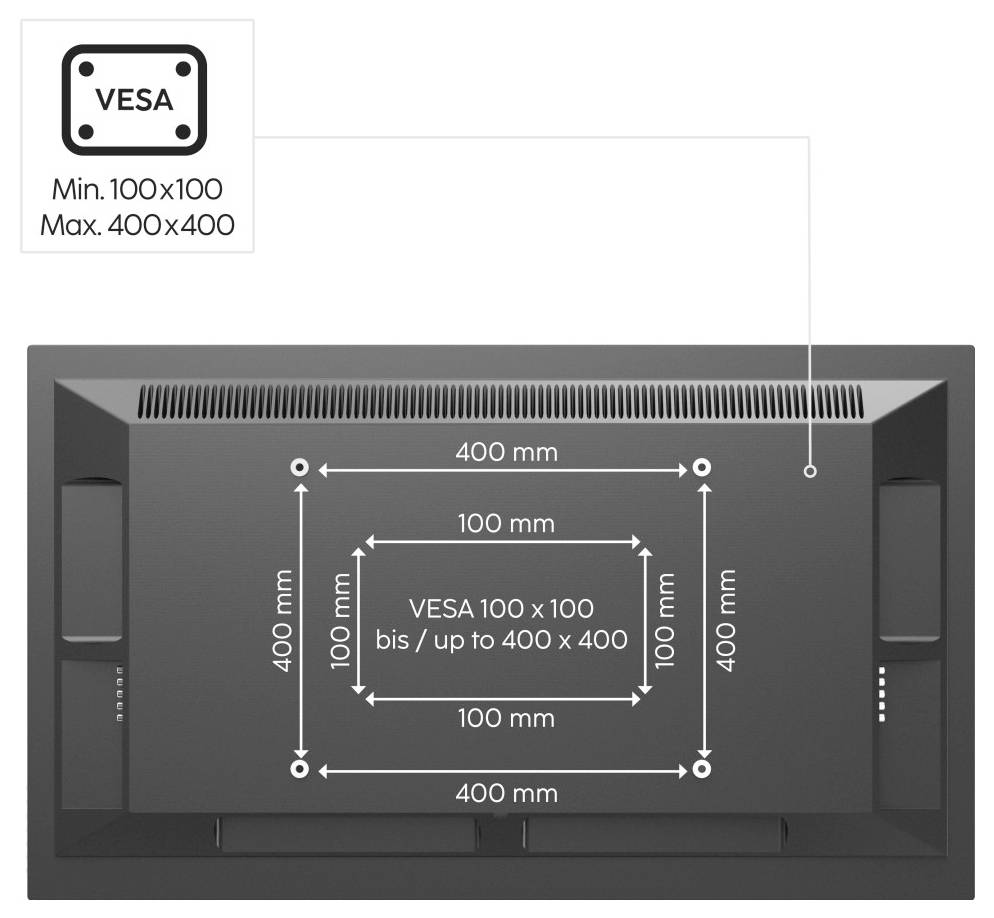 Baksidan av en bildskärm med VESA-monteringshål. Minsta VESA-storlek 100x100 mm, maximal 400x400 mm. Pilar visar avstånden.