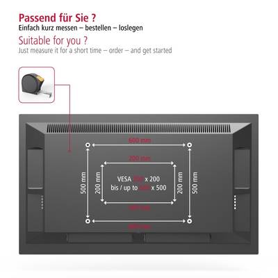 Baksidesvy av en skärm med VESA-mått. Dimensioner: 500 mm x 500 mm och 200 mm x 200 mm. Instruktioner för mätning och beställning.