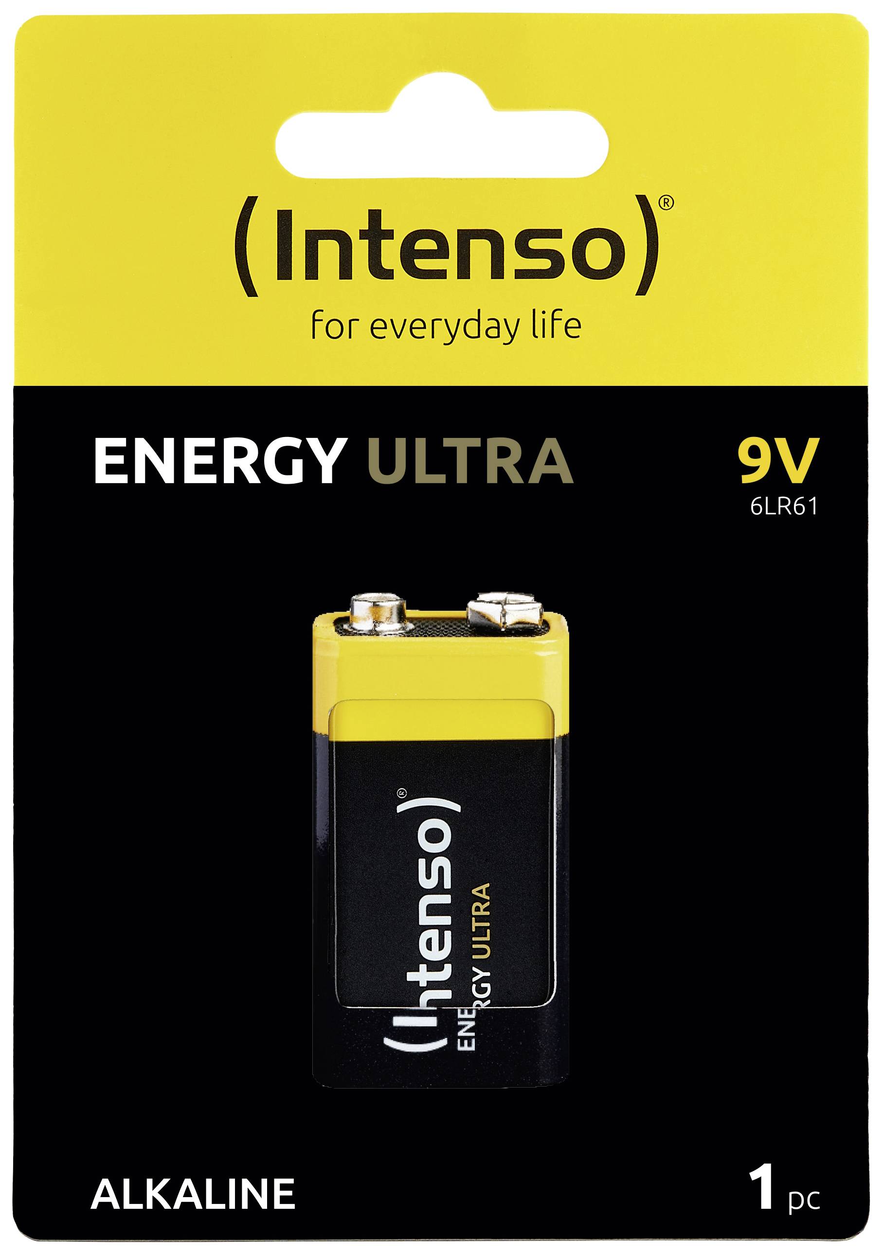 'Intenso Energy Ultra' 9V alkaliskt batteri i svart och gul förpackning, lämpligt för daglig användning.