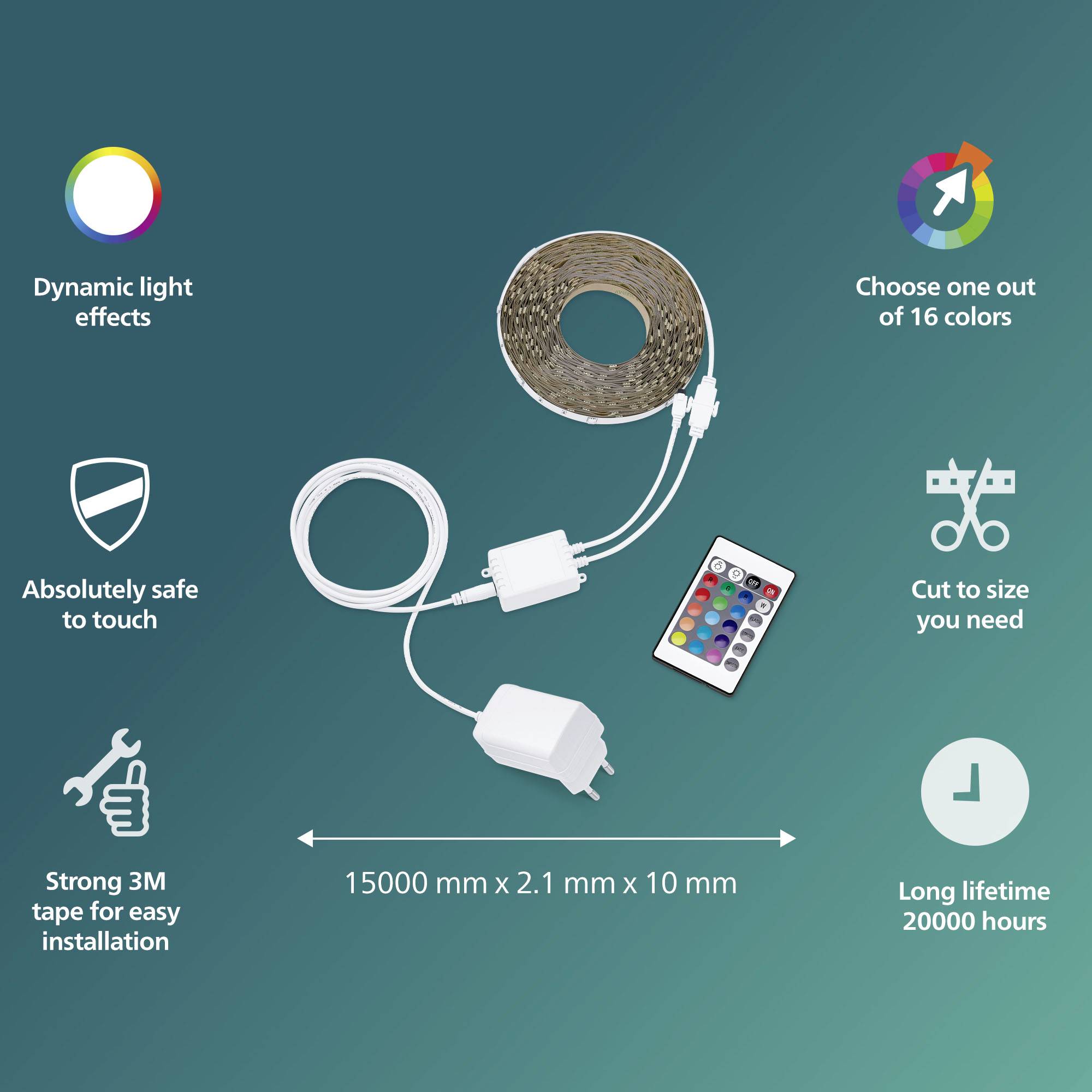 LED-ljuslist med fjärrkontroll, erbjuder 16 färger, 15 meters längd, 20.000 timmars livslängd och säker 3M-fästning.