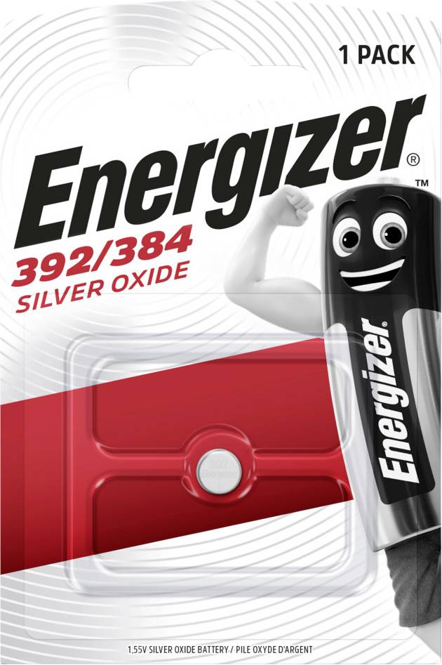 'Energizer 392/384 silveroxidbatteri förpackning, 1 pack. Visar Energizers maskot med böjd arm bredvid batteriet, röd bakgrundsdesign.'